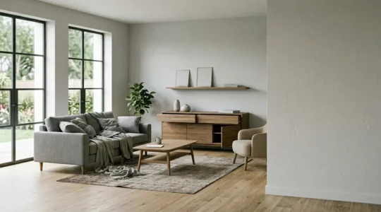 Intérieur d'un domicile moderne après un cambriolage sans trace visible d'effraction, illustrant la difficulté de prouver le vol
