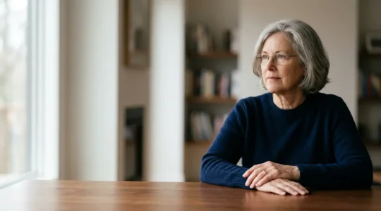 Personne senior réfléchissant à ses options financières de retraite dans un environnement calme