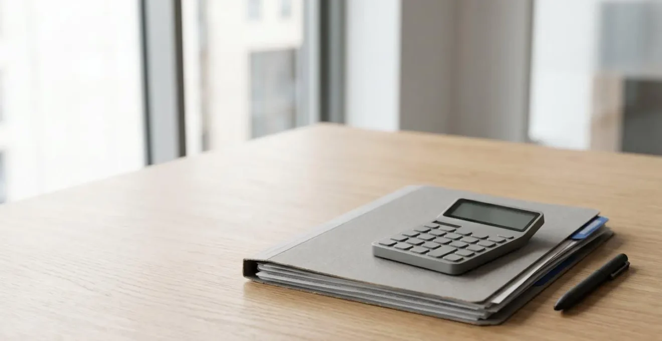 Dossier de négociation avec documents d'expertise automobile et calculatrice sur bureau professionnel minimaliste