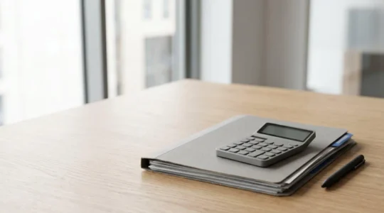 Dossier de négociation avec documents d'expertise automobile et calculatrice sur bureau professionnel minimaliste
