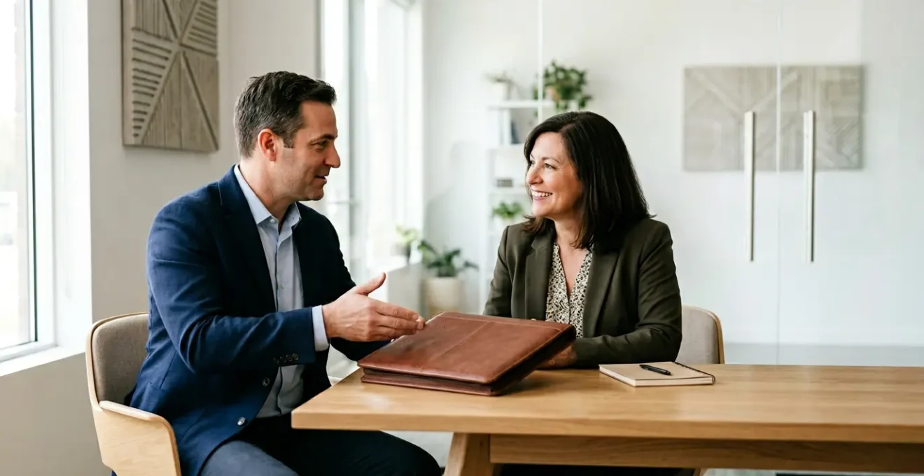 Scène représentant la relation de confiance entre courtier et professionnel dans un environnement office moderne