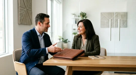 Scène représentant la relation de confiance entre courtier et professionnel dans un environnement office moderne
