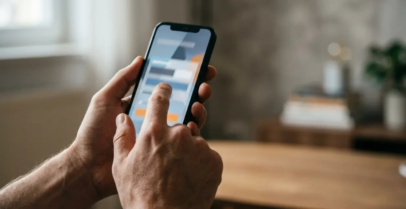 Personne utilisant son smartphone pour déclarer un sinistre avec des éléments visuels évoquant l'eau et l'urgence