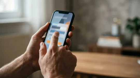 Personne utilisant son smartphone pour déclarer un sinistre avec des éléments visuels évoquant l'eau et l'urgence