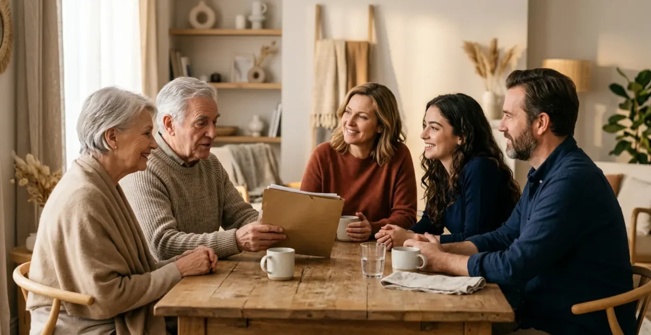 Réunion familiale intergénérationnelle autour d'une table dans un intérieur chaleureux symbolisant la transmission de patrimoine sereine