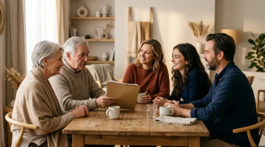 Réunion familiale intergénérationnelle autour d'une table dans un intérieur chaleureux symbolisant la transmission de patrimoine sereine