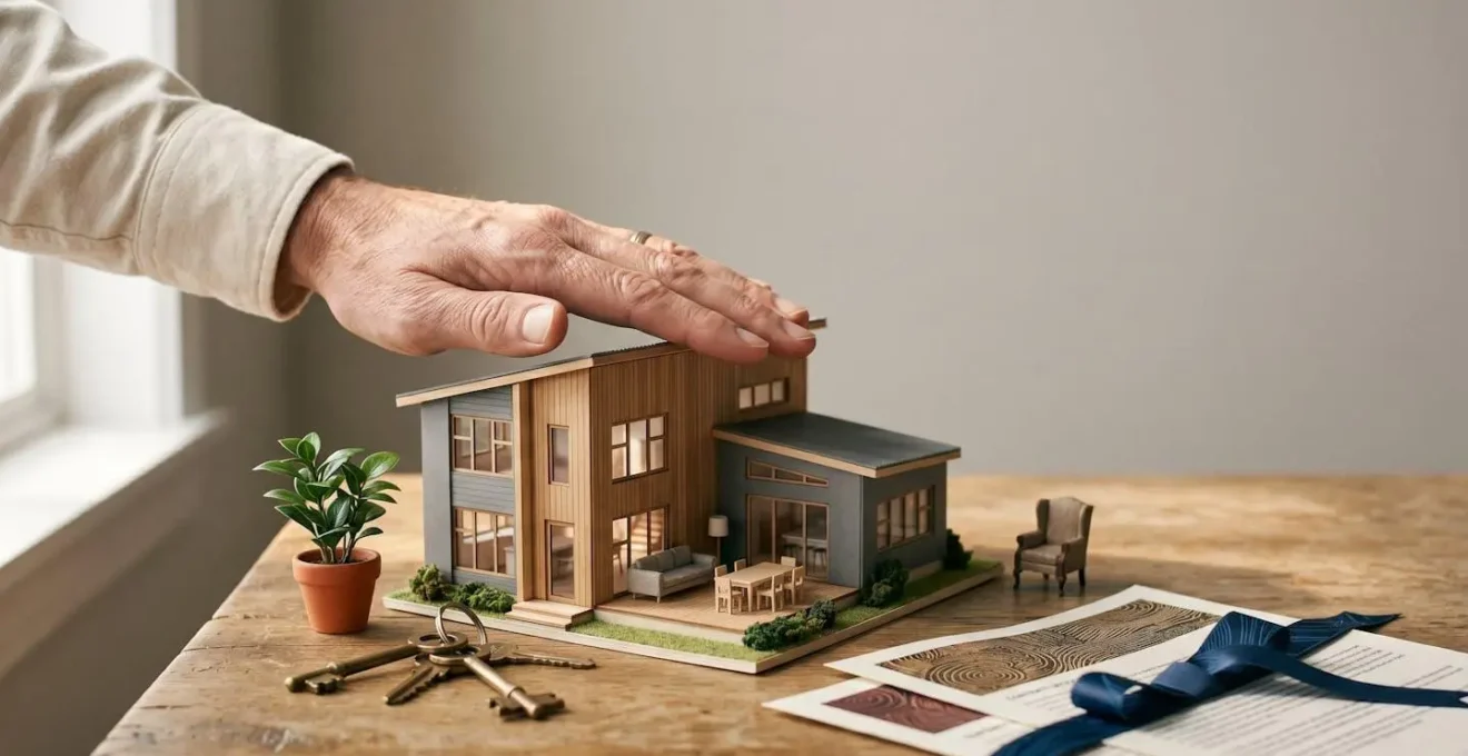 Une main protectrice au-dessus d'une maison miniature entourée de documents d'assurance et d'objets de valeur symbolisant la protection du patrimoine immobilier et mobilier