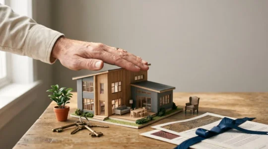 Une main protectrice au-dessus d'une maison miniature entourée de documents d'assurance et d'objets de valeur symbolisant la protection du patrimoine immobilier et mobilier