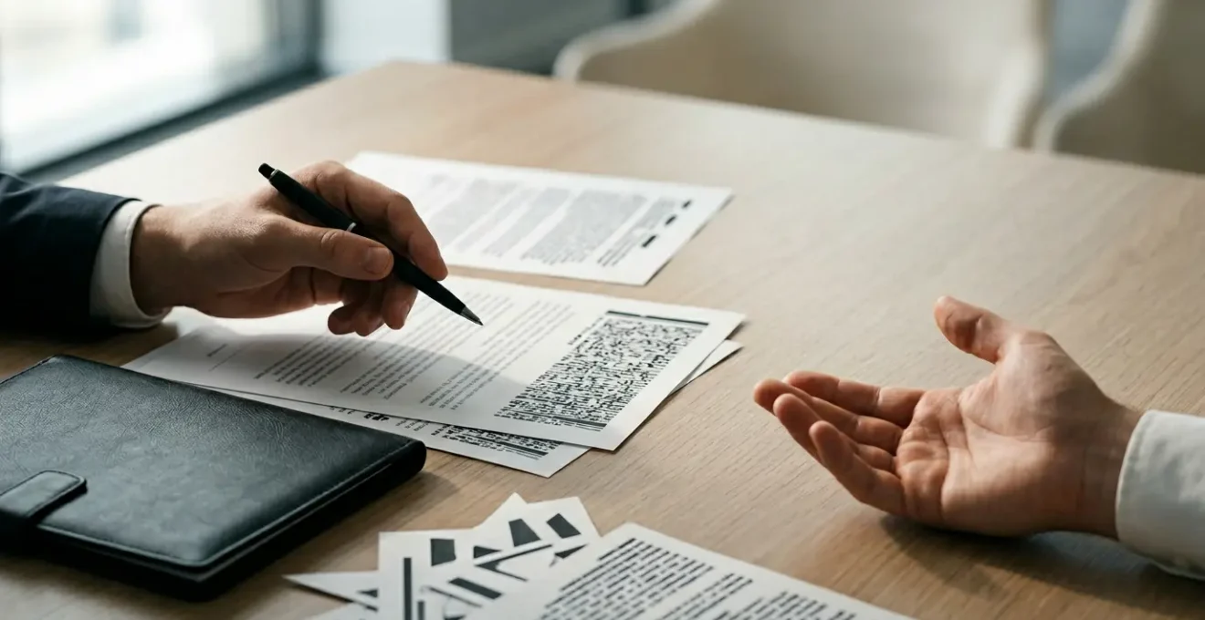 Scène professionnelle illustrant le concept de devoir de conseil en assurance avec documents et dialogue entre assuré et professionnel