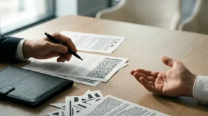 Scène professionnelle illustrant le concept de devoir de conseil en assurance avec documents et dialogue entre assuré et professionnel