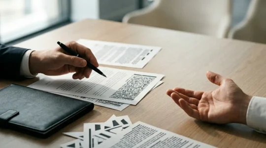 Scène professionnelle illustrant le concept de devoir de conseil en assurance avec documents et dialogue entre assuré et professionnel