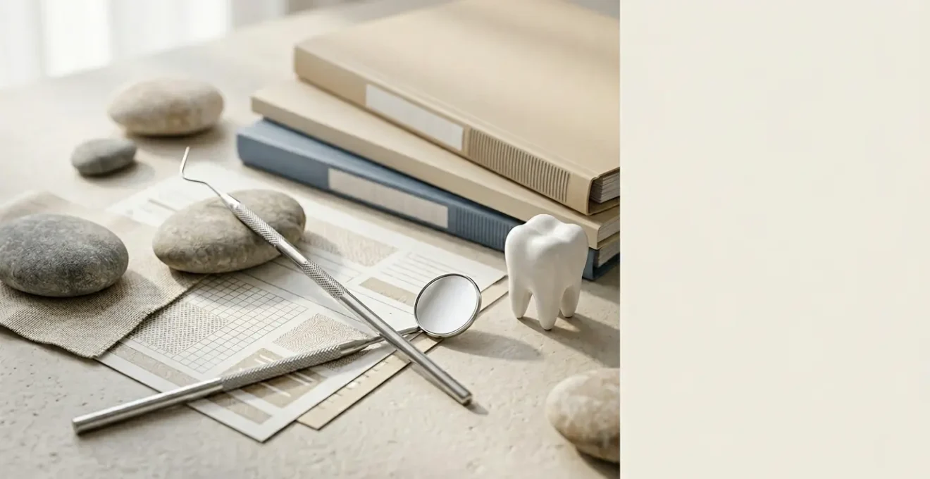 Composition éditoriale montrant l'univers du remboursement dentaire avec éléments symboliques de santé bucco-dentaire