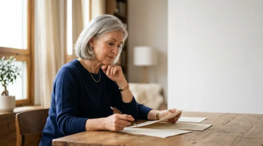 Senior analysant attentivement différentes options de complémentaire santé pour personnaliser sa couverture