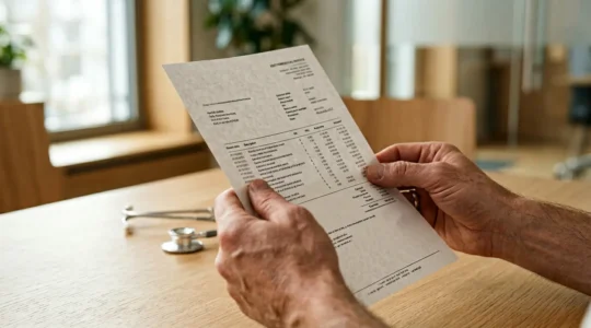 Patient consultant une facture médicale illustrant les différences de coûts entre secteur 1 et secteur 2