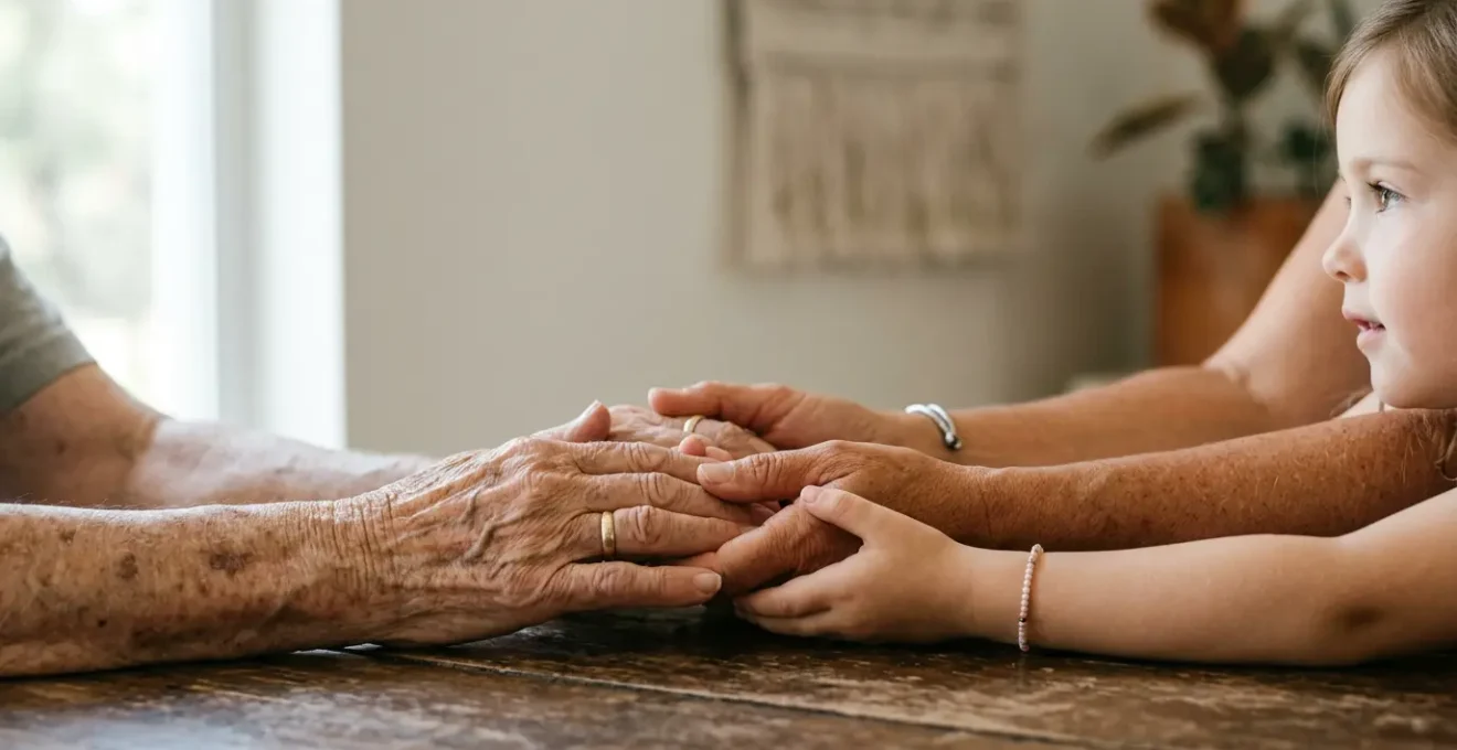 Mains de trois générations se transmettant symboliquement un héritage familial