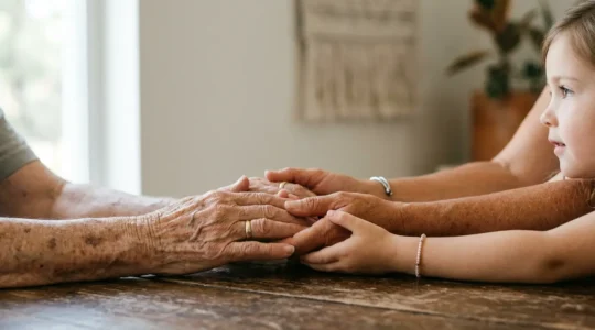 Mains de trois générations se transmettant symboliquement un héritage familial