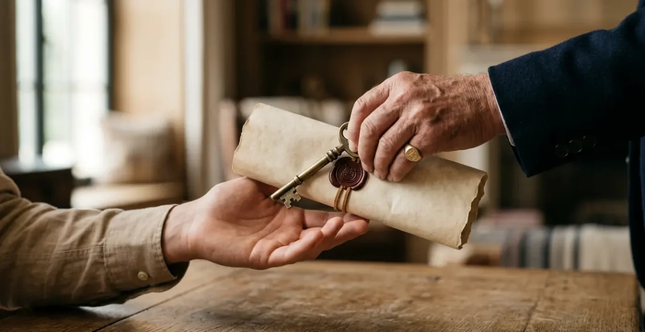 Composition symbolique représentant la transmission de patrimoine et l'optimisation fiscale des successions