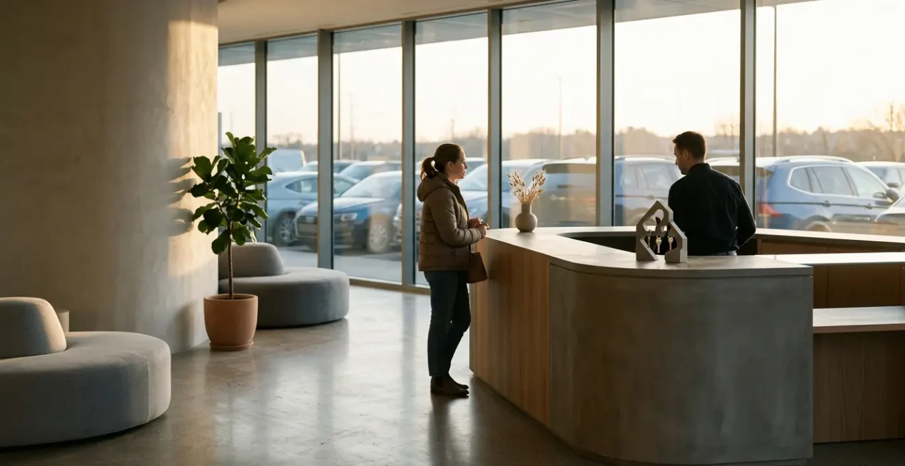 Scène illustrant l'attente d'un véhicule de remplacement pendant une réparation automobile