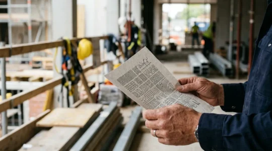 Professionnel vérifiant des documents administratifs sur un chantier de construction