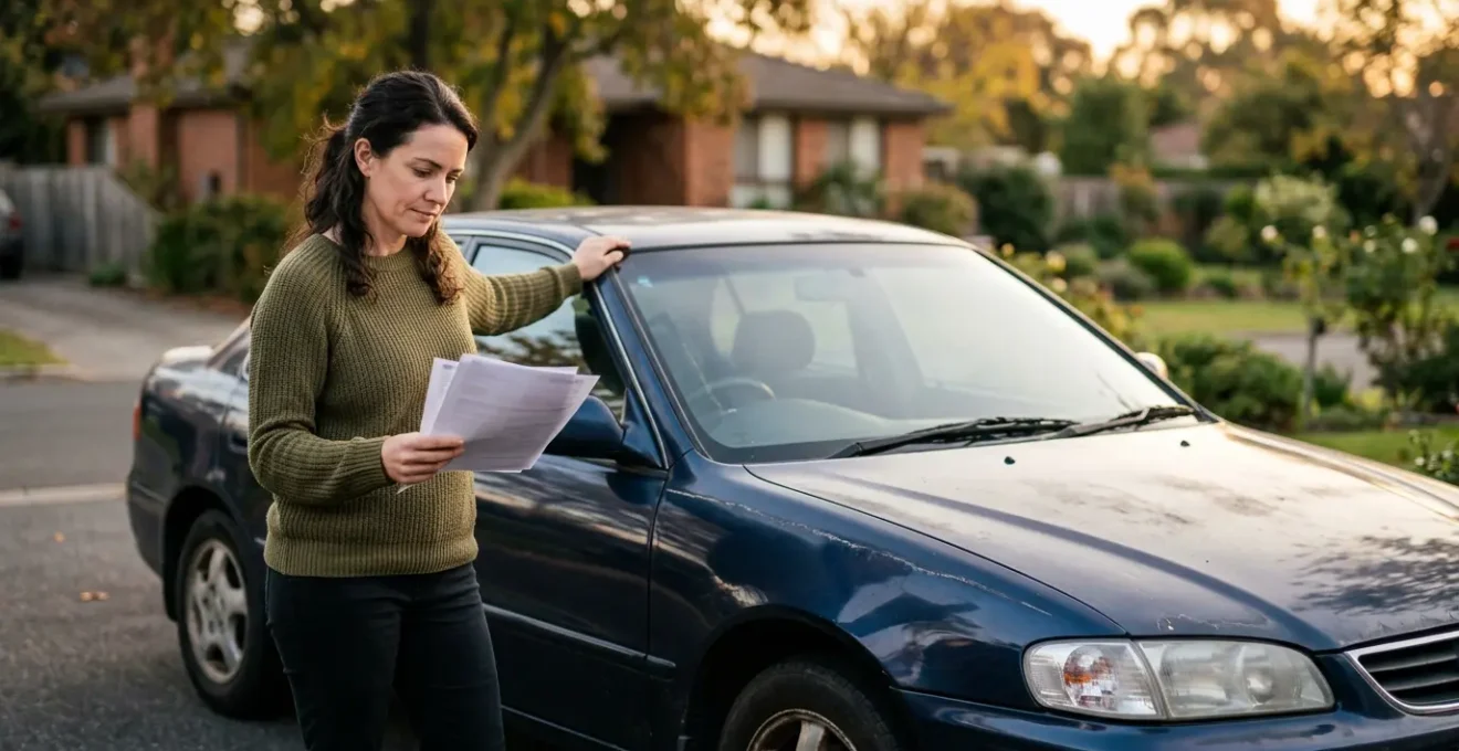Proprietaire reflechissant devant une voiture de sept ans sur le choix de son assurance automobile