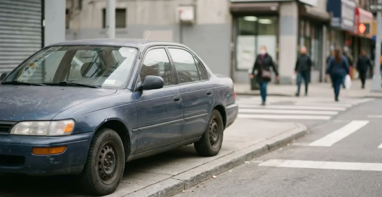 Voiture ancienne stationnée avec mise au point sur rétroviseur montrant passage piéton en arrière-plan