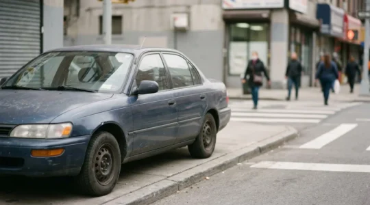 Voiture ancienne stationnée avec mise au point sur rétroviseur montrant passage piéton en arrière-plan