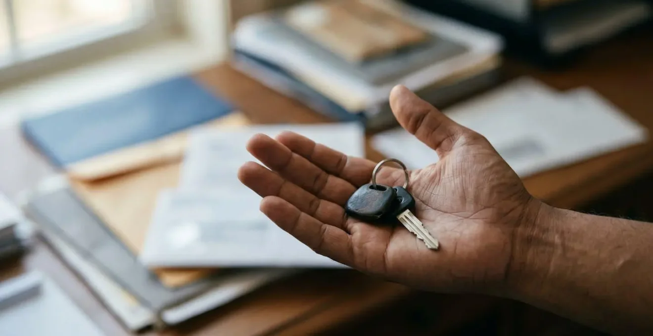 Main tenant des clés de voiture, symbolisant le poids de la responsabilité financière après une faute de conduite.