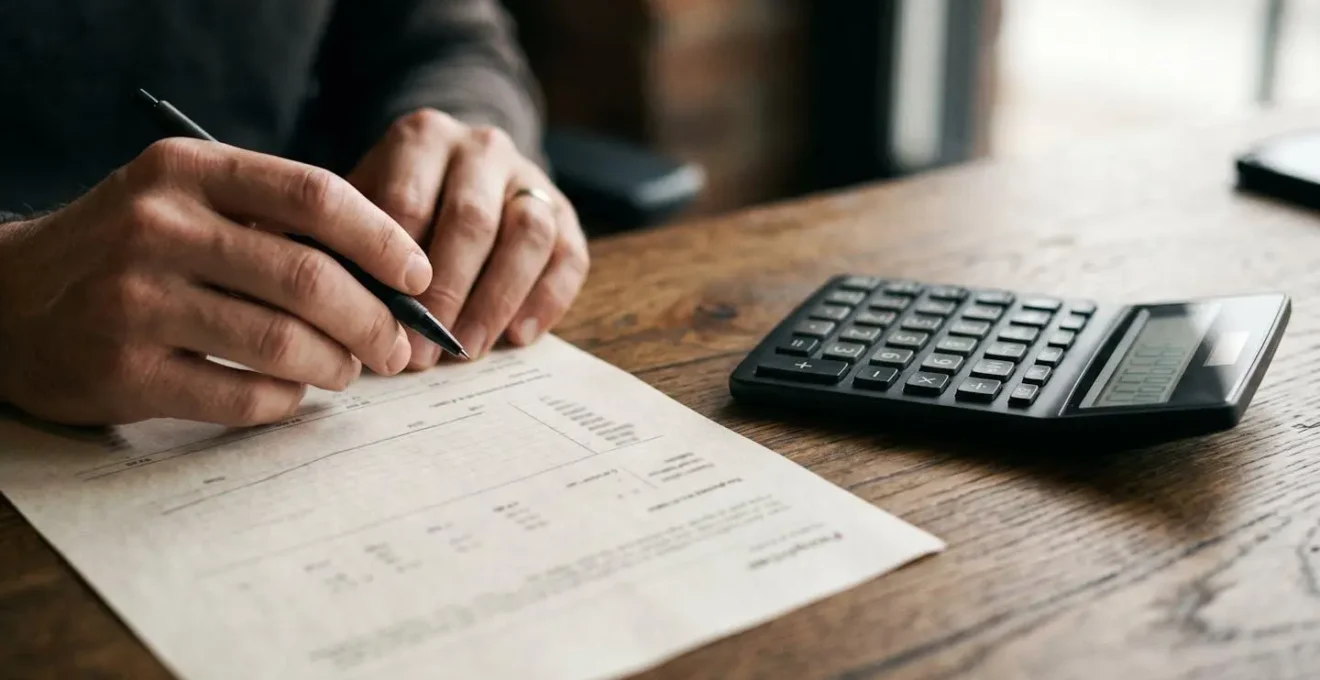 Gros plan sur des mains disposant des documents financiers et une calculatrice pour comparer les franchises d'assurance automobile