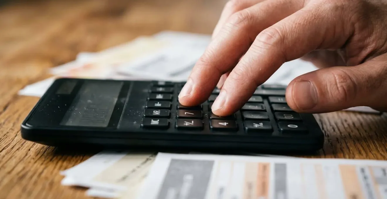Mains utilisant une calculatrice pour évaluer le reste à charge après remboursement de la Sécurité sociale et de la mutuelle