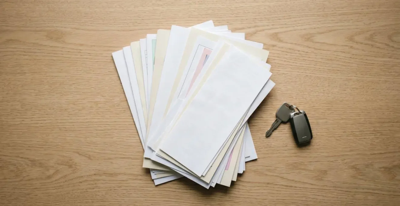 Vue aerienne d'un carnet d'entretien automobile avec des factures de maintenance disposees sur une table