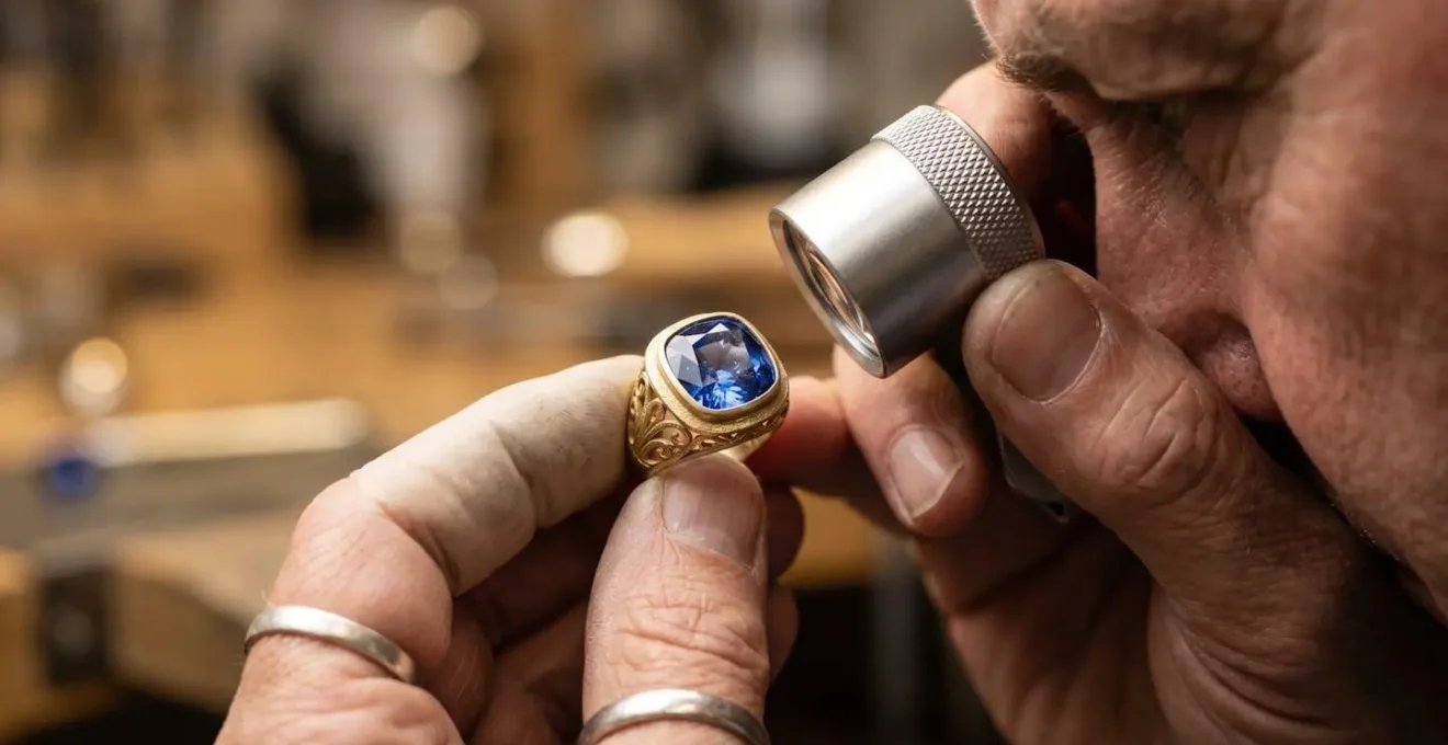 Gros plan sur les mains d'un expert joaillier examinant un bijou précieux à la loupe professionnelle pour établir une certification