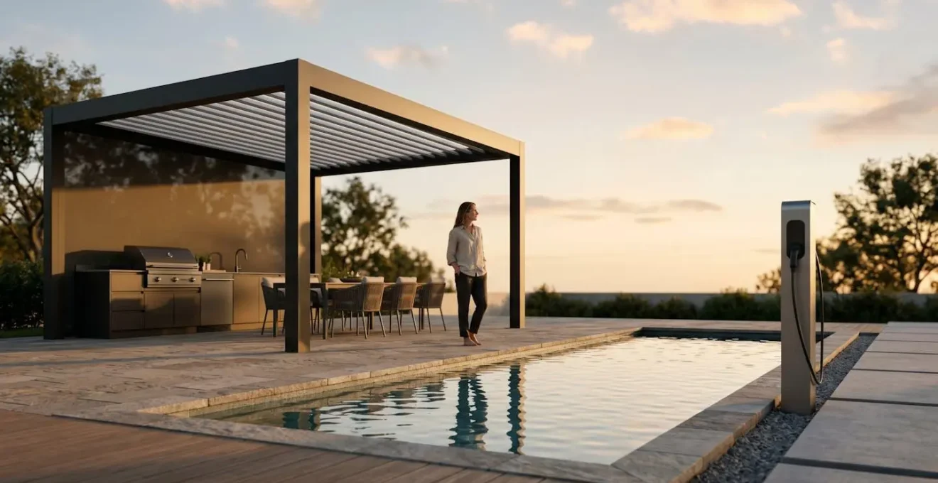 Une pergola bioclimatique moderne dans un jardin avec piscine enterrée illustrant les aménagements extérieurs nécessitant une garantie optionnelle