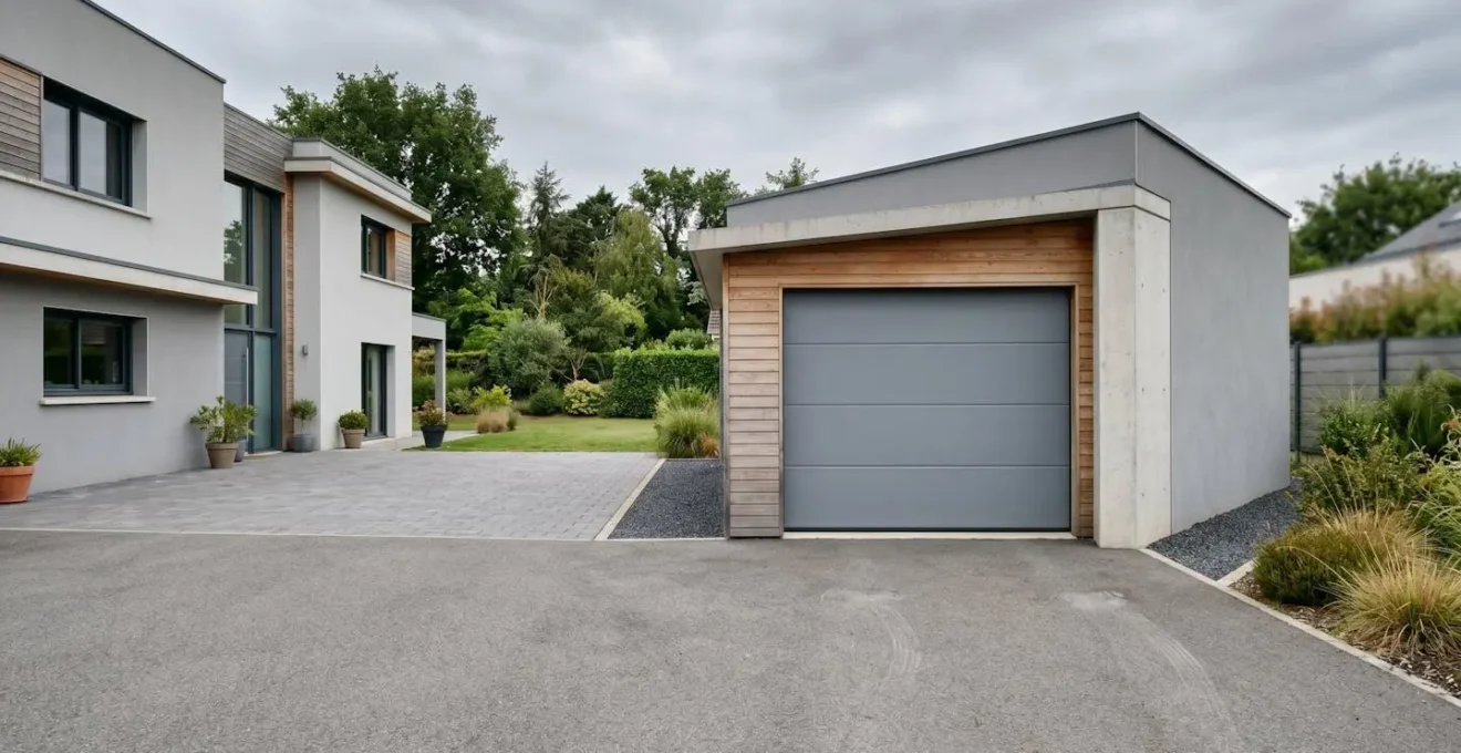 Vue grand angle d'un garage résidentiel moderne avec porte fermée illustrant la notion de dépendance séparée du logement principal