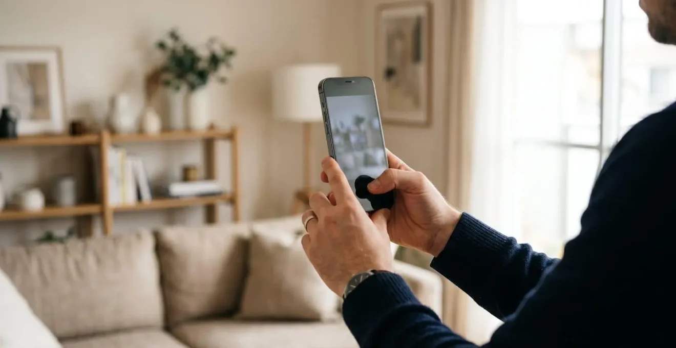 Main tenant un smartphone photographiant un intérieur de salon pour inventaire mobilier d'assurance