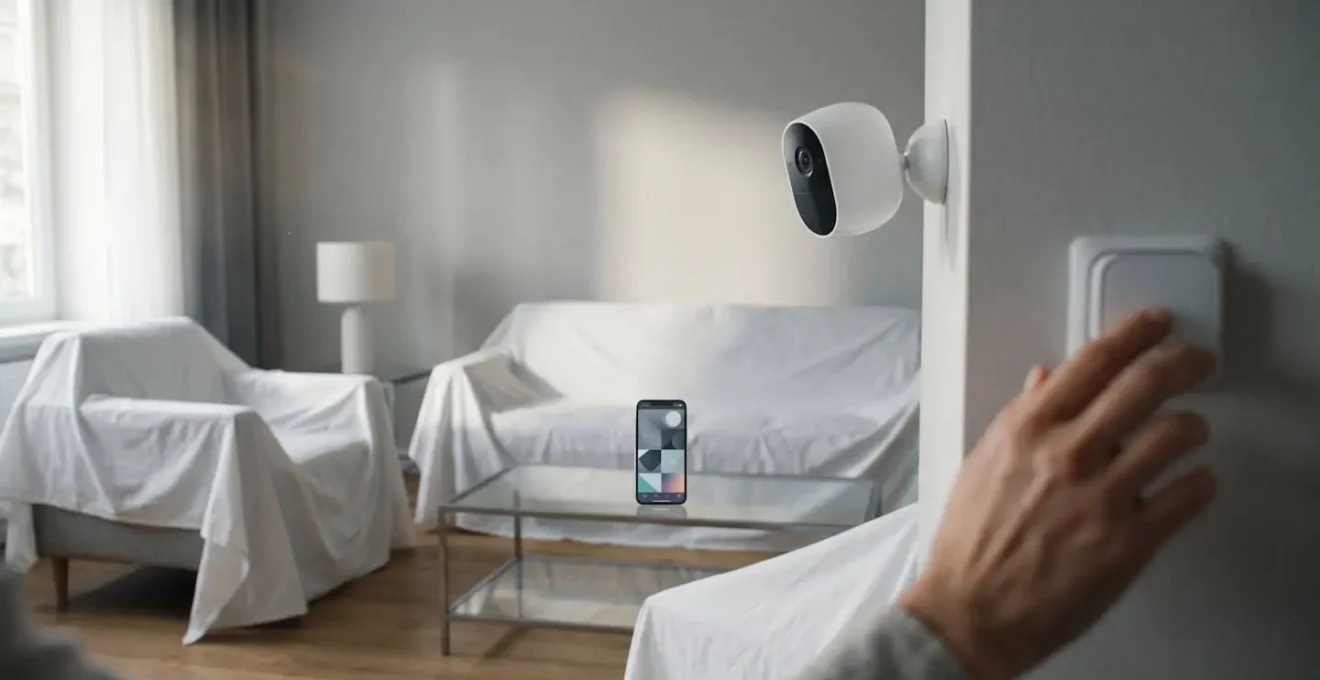 Intérieur d'une maison vide avec système de télésurveillance moderne illustrant les solutions pour contourner la clause d'inhabitation