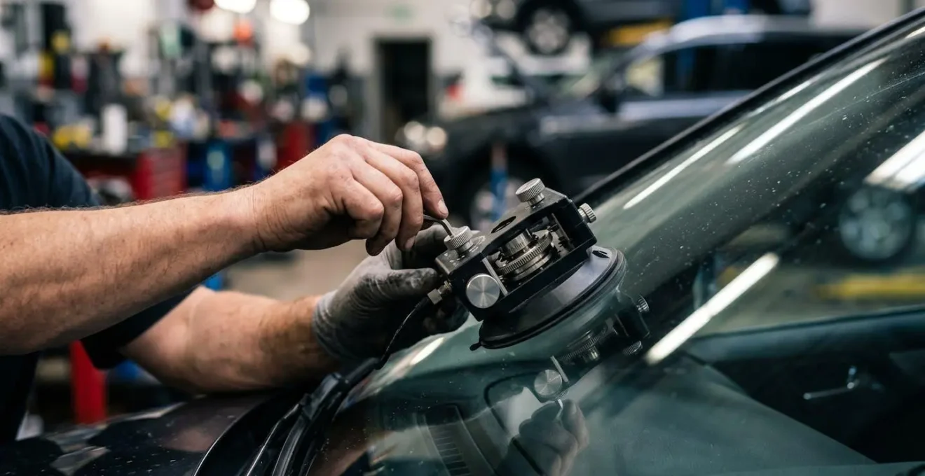 Technicien automobile effectuant le calibrage d'une caméra ADAS sur pare-brise avec équipement spécialisé