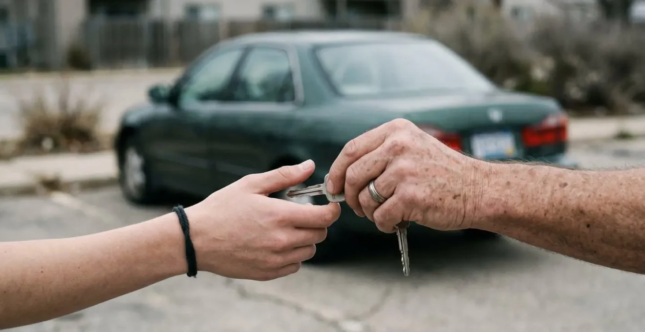 Deux mains s'échangeant des clés de voiture, symbolisant le prêt du véhicule et le transfert de responsabilité.
